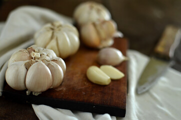 Bunch of Fresh garlic on wooden table