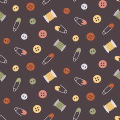 Seamless cute vector pattern with sewing buttons, pins, spool of thread, threads, in trendy colors
