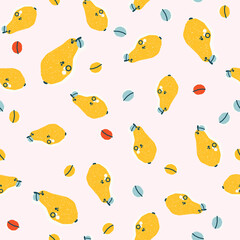 Colorful seamless pattern with cute pears and leaves. Vector design for paper, fabric, interior decor and cover