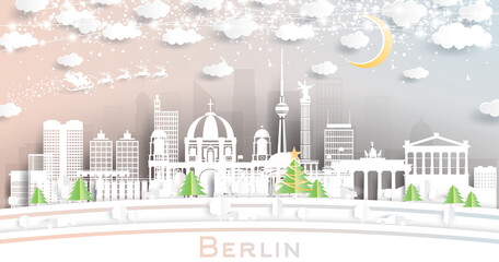 Berlin Germany City Skyline in Paper Cut Style with Snowflakes, Moon and Neon Garland. © BooblGum