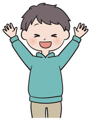 大きく両手をあげて喜ぶ男の子