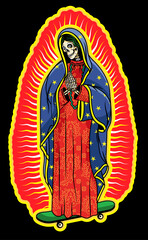 Virgin of Guadalupe on a skateboard. The Virgin Skeleton Mary Vector Poster Illustration. - 455881883