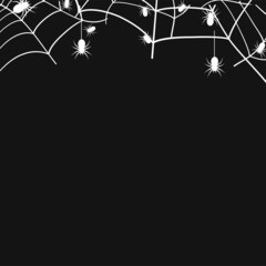 White cobweb with spiders on black background. Spider web. Vector