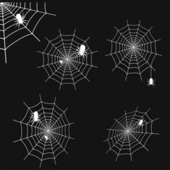 Set of white cobweb with spiders on black background. Spider web. Vector