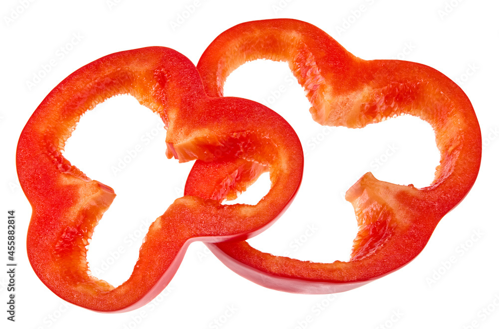 Wall mural sliced red sweet bell pepper isolated on white background. clipping path. top view