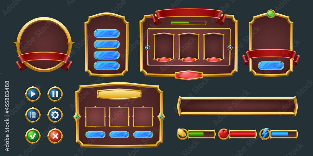 Poster set of game frames, bars and menu buttons cartoon interface elements. empty borders with banners, ui