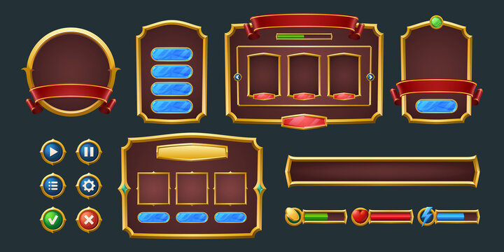 Set of game frames, bars and menu buttons cartoon interface elements. Empty borders with banners, ui or gui design blue, red and green scales, play, pause keys, user panel settings isolated vector kit