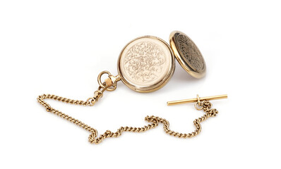 Fototapeta na wymiar Golden pocket with chain watch isolated on a white background