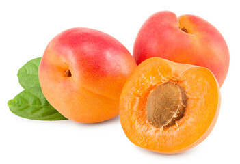 apricot fruits with slices and green leaf isolated on white background. clipping path