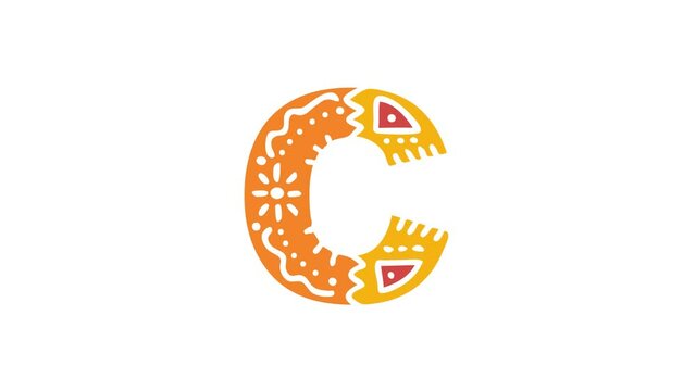 Letter C. Ethnic ornament, national pattern in letter. 3 colors. 4K video. Isolated on white background. Cartoon Animation. Capital Letter C for education, erudition, ABC, software, interface game.