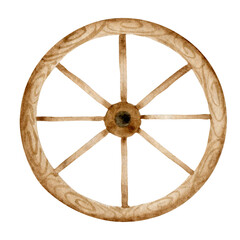 Watercolor wooden wheel illustration. Farmhouse vintage element. Isolated clipart element on white background