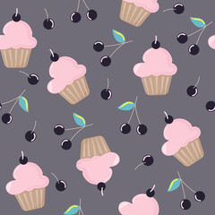 Seamless cupcake pattern with cupcake and cherry on gray background. Cupcake pattern. Fruit pattern.