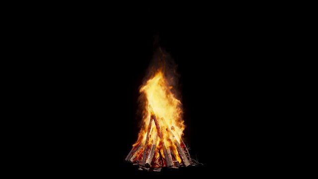 Bonfire by the wood burning on a black background, with Alpha channel.