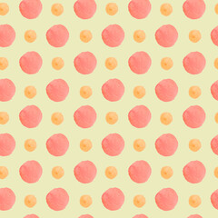 Seamless watercolor pattern in 60's style on green isolated background.Bright colorful Abstract,Vintage,Hip,Polka Dot hand drawn designs for textiles,wrapping paper,fabric,packaging,scrapbook paper.