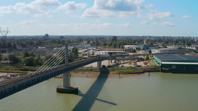 North Arm Bridge In Metro Vancouver, British Columbia, Canada - aerial drone shot
