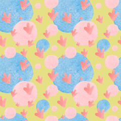 Seamless watercolor pattern in 60's style on green isolated background.Bright colorful Abstract,Vintage,Hip,Polka Dot hand drawn designs for textiles,wrapping paper,fabric,packaging,scrapbook paper.