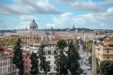 Naklejka premium View of Rome, St. Peter's Cathedral, the Altar of the Fatherland and other attractions from the Pincio hill. Rome, Italy