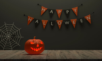 Halloween pumpkin on the wooden floor And there is a flag background as if preparing for a Halloween party.