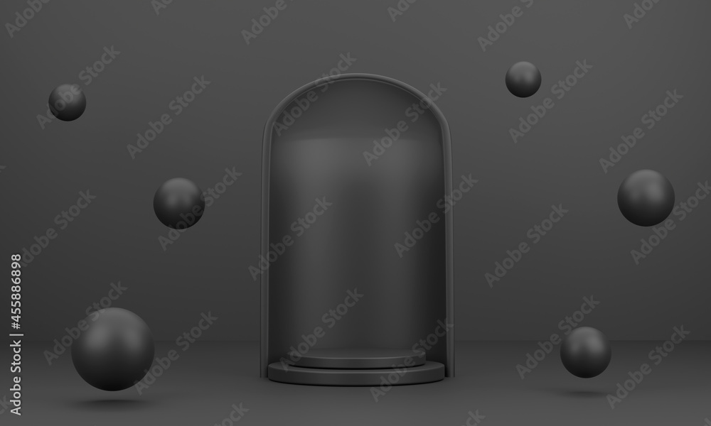 Poster abstract round podium and ball for product display with black background and 3d rendered geometric b