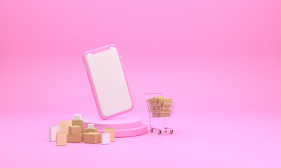 Online shopping with a mobile phone with a cart in the supermarket and parcel box as a component on pink background.concept