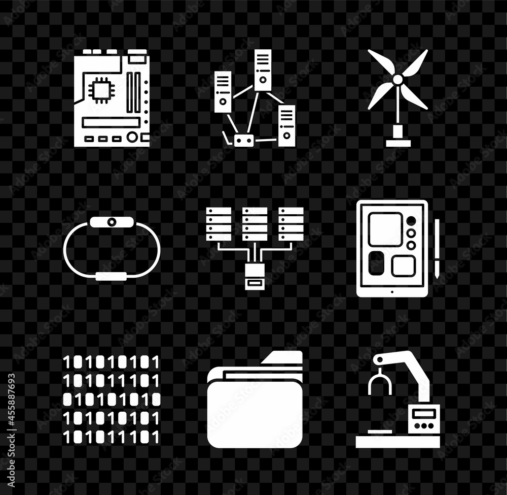 Aufkleber set motherboard, computer network, wind turbine, binary code, document folder, robotic robot arm han