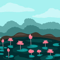 Fototapeta na wymiar Lotus vector , pink lotus, with lotus leaf in the pond and grass, sky And clouds.Lotus background.