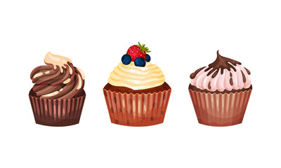 Sweet Cupcake or Fairy Cake Baked in Paper Cup Topped with Whipped Cream Vector Set