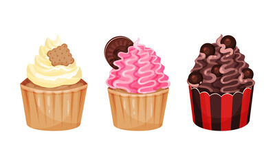 Sweet Cupcake or Fairy Cake Baked in Paper Cup Topped with Whipped Cream Vector Set