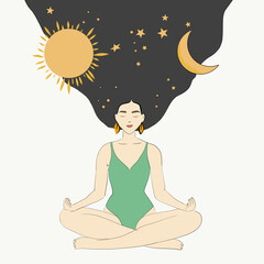 a girl with black hair meditates in the lotus position