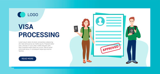 Visa processing banner template. The form of an approved visa. Happy people keep a foreign passport. Students will study in another country. 