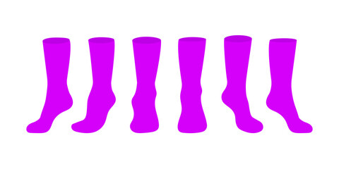 Purple socks template mockup flat style design vector illustration set isolated on white background. Long black socks with different angles mockups.