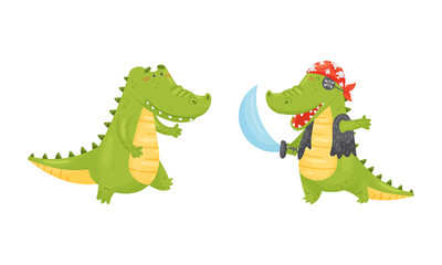 Green Crocodile or Gator Character Running and Playing Pirate Vector Set