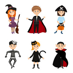 Six children in scary carnival costumes for Halloween. Cartoon kids illustration on Halloween