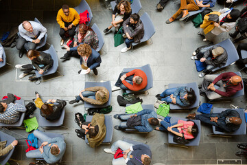 High angle view of people attending conference