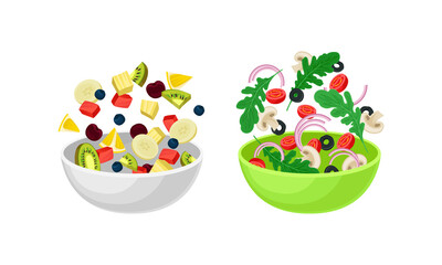 Vegetarian Salad with Dropping in Bowl Ingredient Mix Vector Set
