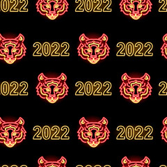 Neon 2022 New Year seamless pattern with tiger faces and numbers on black background on black background. Happy winter holidays, Chinese New Year,  zodiac symbol concept. Vector 10 EPS illustration.