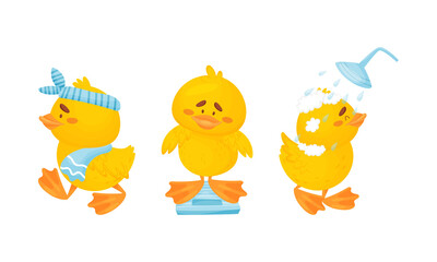 Little Yellow Chick Washing in Shower and Weighing Vector Set