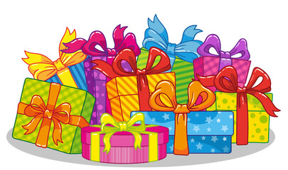 Fototapeta na wymiar Big win, big sale, Black Friday, Christmas gifts. Bright gift boxes with ribbons in a large pile
