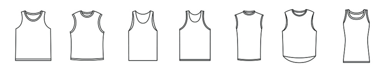Sleeveless tank icon. Set of men's tank template. Vector illustration. Black linear sleeveless shirts. - obrazy, fototapety, plakaty