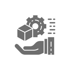 Obraz premium Hand with gear wheel and cube, engineering tools concept grey icon.