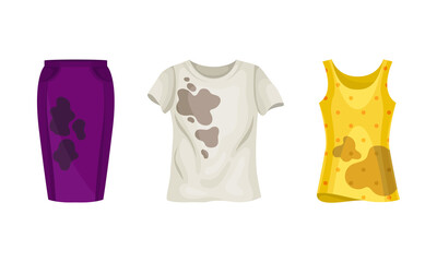 Spotted Sweatshirt and Skirt as Dirty Clothing with Stain for Laundry Vector Set