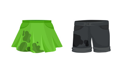 Spotted Skirt and Shorts as Dirty Clothing with Stain for Laundry Vector Set