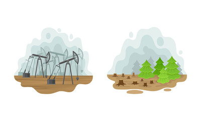 Environmental Issue and Ecological Problem with Deforestation and Oil Extraction Vector Set