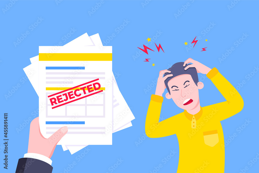 Poster sad man and an clipboard with rejected application form flat style design vector illustration. bad j