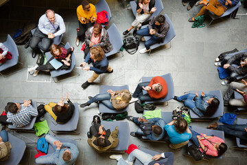 High angle view of people attending conference