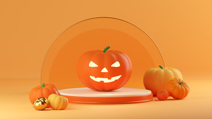 3d layout Halloween scene with product podium on orange background. Pumpkins stage with display podium. Autumn 3d design template for banner, advertisement mockup for Halloween or Thanksgiving