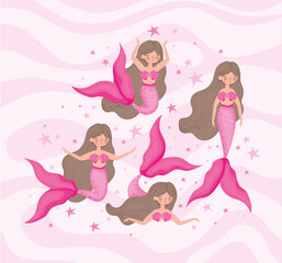 four pink mermaids