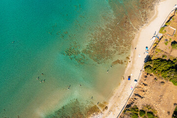 Aerial view of the sand and pebble pebble beach Vela Przina in Korcula island, Croatia