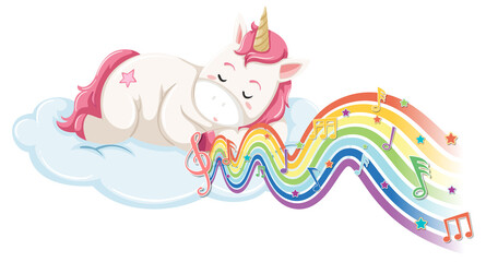 Unicorn sleeping on the cloud with melody symbols on rainbow wave
