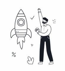 Startup new business project. Businessman launches a rocket. Doodle sketch style. Vector hand drawn illustration.